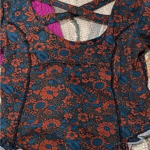 Free People Blue and Orange Floral Blouse